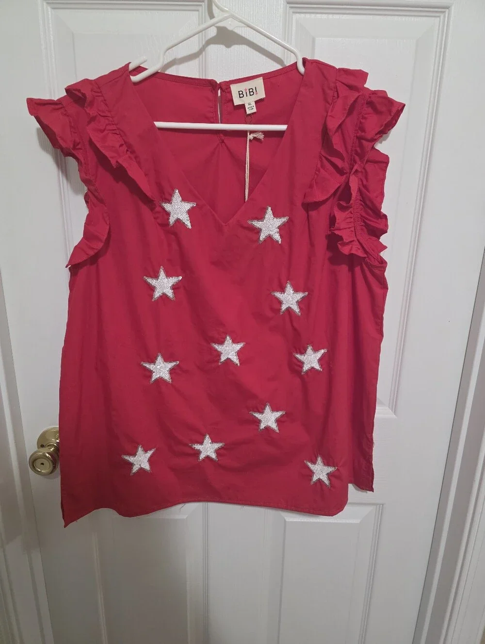 BiBi Red Ruffle Sleeve Sequin Star Appliqué Top